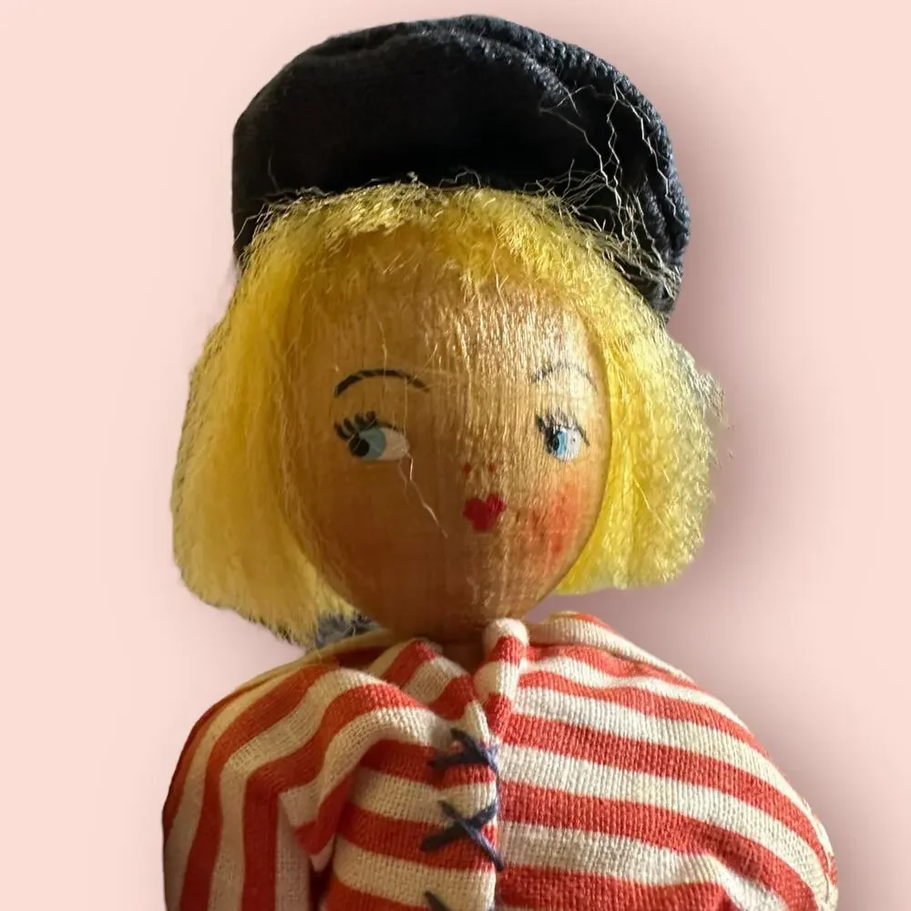 Vintage 1940s Wooden Peg Doll Hand Painted Polish Figure 7.5”